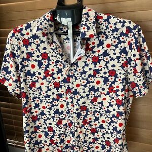 ST33LE Blue White Red Floral Men's SS Button Front Cotton Knit Shirt SIZE Large